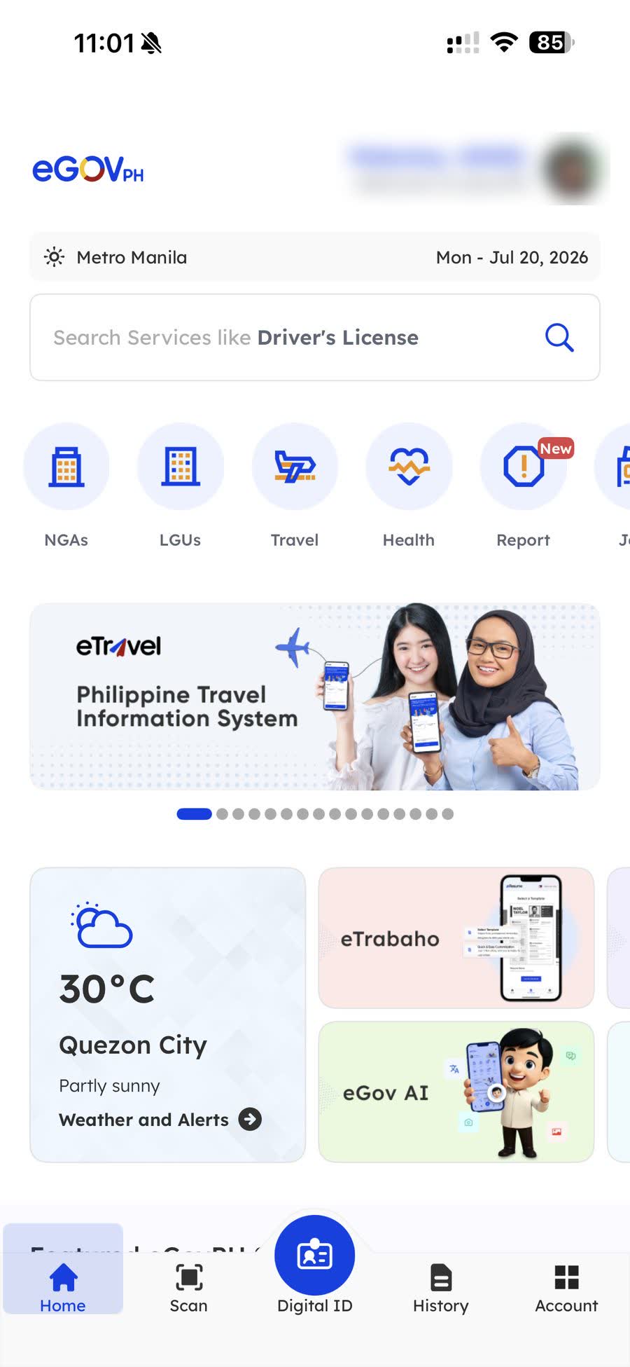 The eGov PH app home screen, showing the Travel service icon and the eTravel Philippine Travel Information System banner