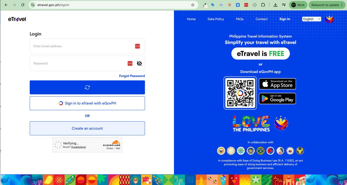 The eTravel sign-in page at etravel.gov.ph, showing the login form with Create an account and Sign in with eGovPH options